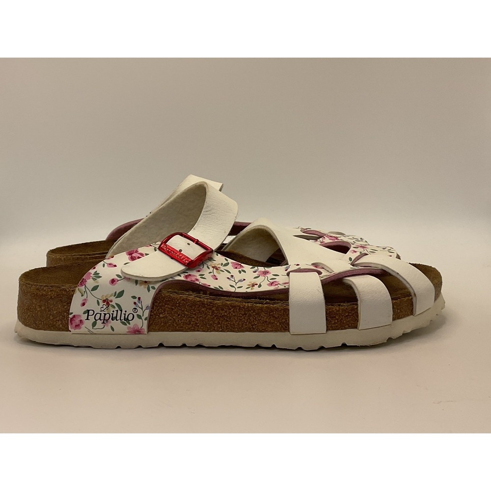 Papillio By Birkenstock Pisa Floral Sandals Slides White Leather Women's Sz 9 40